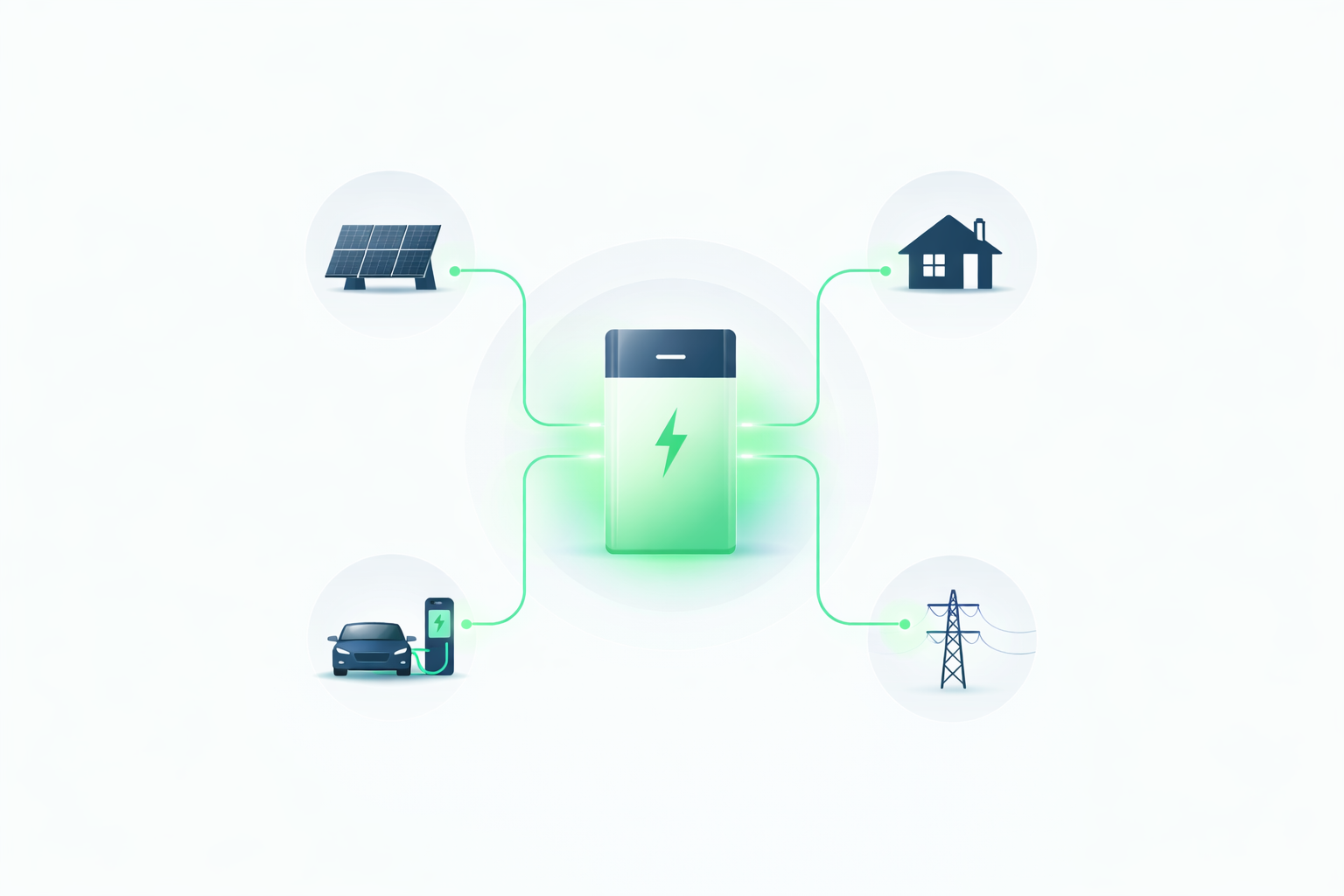 Schematische weergave van een woning met zonnepanelen, thuisbatterij, laadpaal en elektriciteitsnet